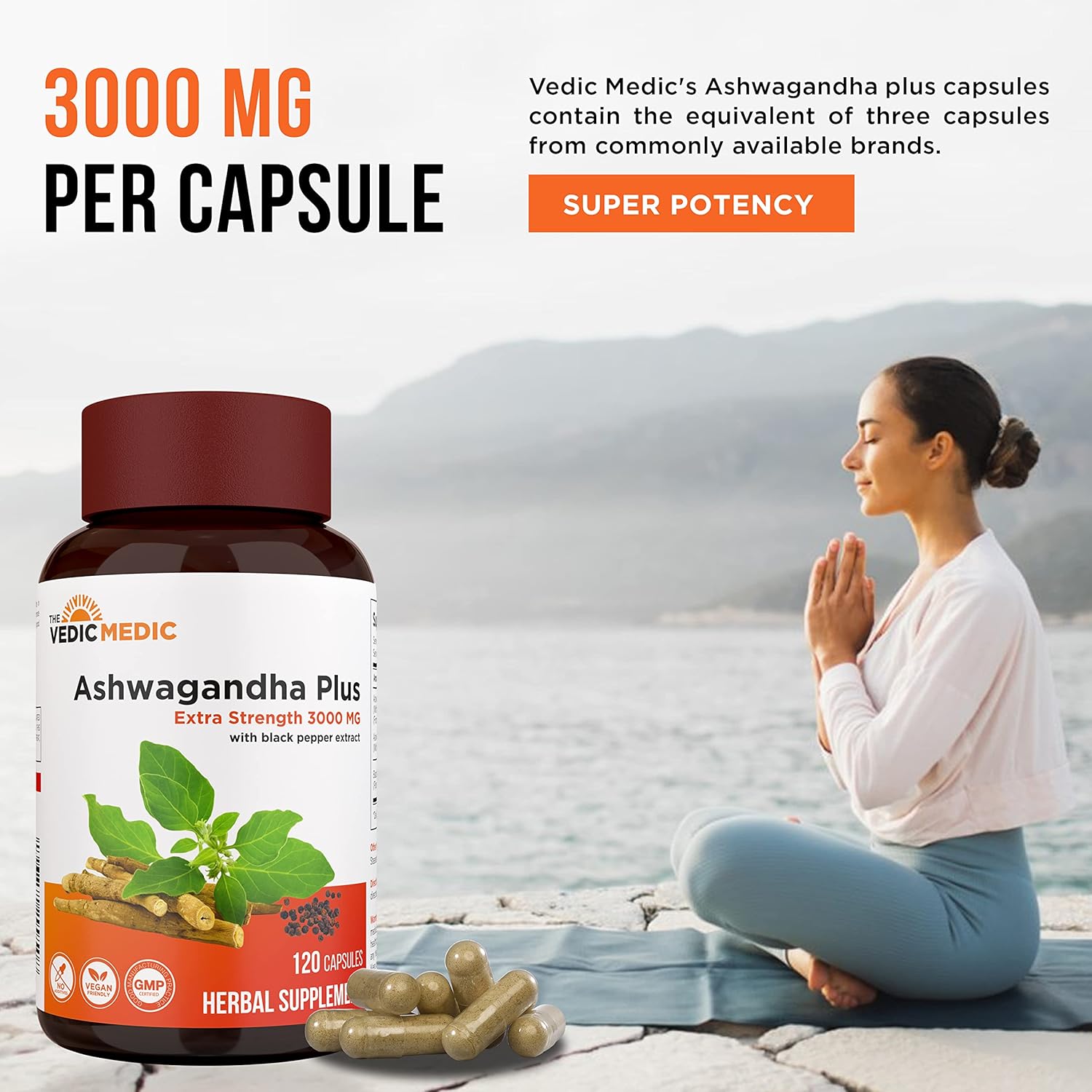 3000mg Organic Ashwagandha Capsules with Black Pepper Extract - Stress Relief, Mood Enhancer, Energy Support - Vegan and Gluten Free - 120 Count