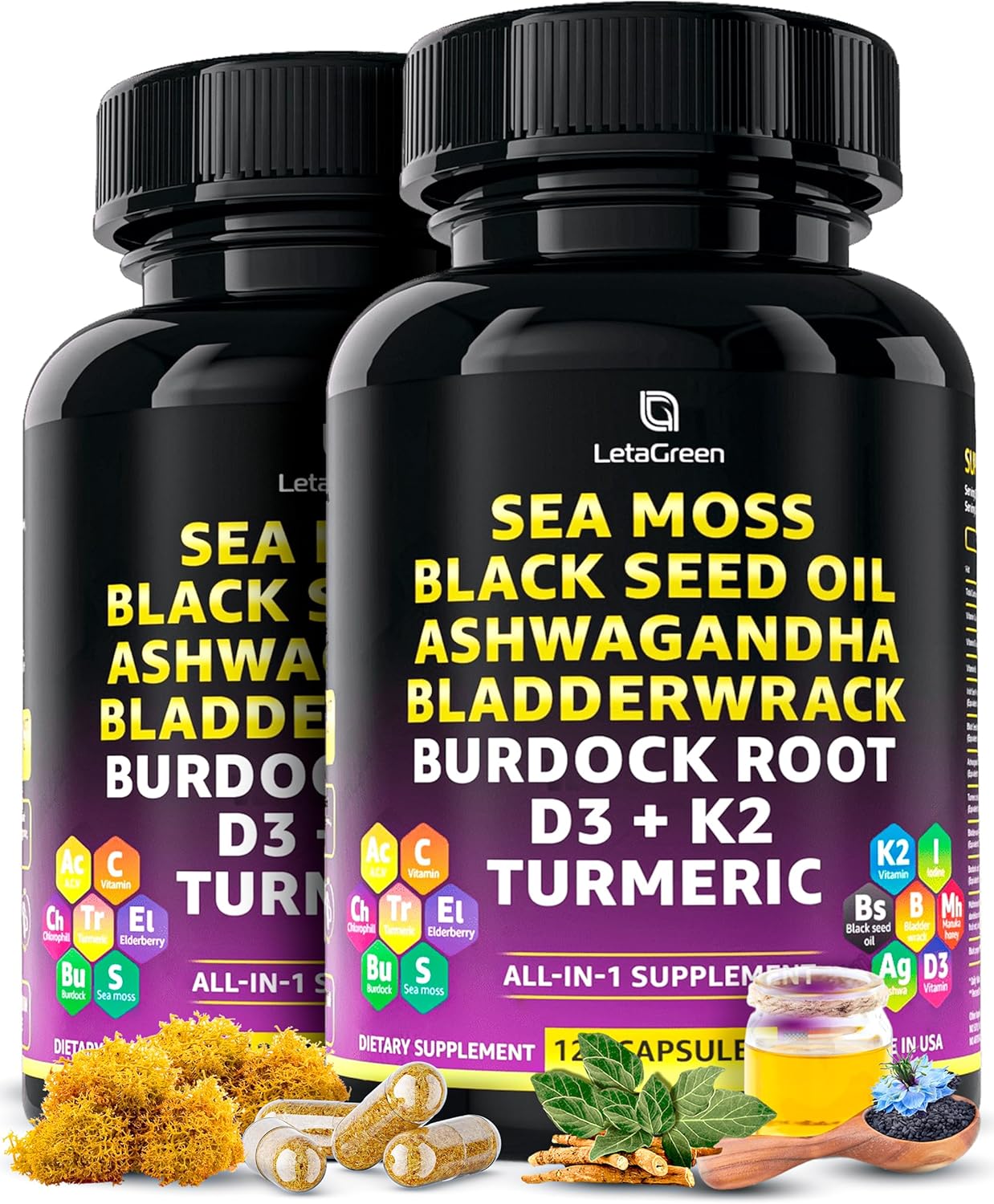 3000mg Sea Moss, 2000mg Black Seed Oil, 1000mg Ashwagandha, Bladderwrack, Burdock, Turmeric, Vitamin C, D3, K2, ACV, Elderberry, Manuka, Dandelion, Yellow Dock, Iodine - 240 Count