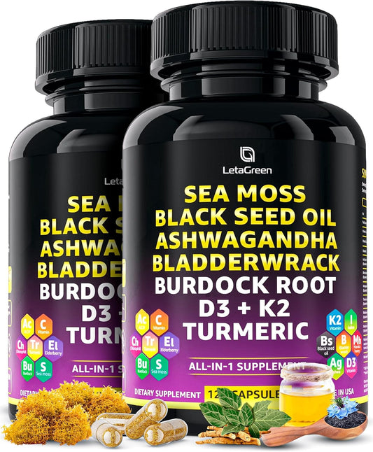 3000mg Sea Moss, 2000mg Black Seed Oil, 1000mg Ashwagandha, Bladderwrack, Burdock, Turmeric, Vitamin C, D3, K2, ACV, Elderberry, Manuka, Dandelion, Yellow Dock, Iodine - 240 Count
