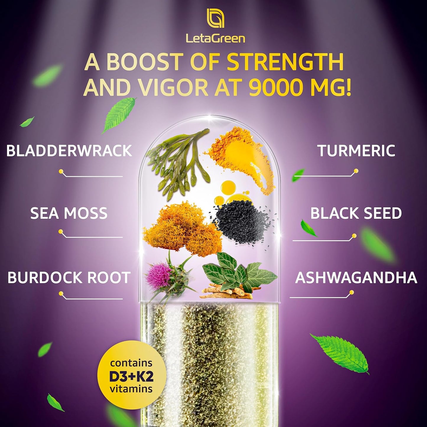 3000mg Sea Moss, 2000mg Black Seed Oil, 1000mg Ashwagandha, Bladderwrack, Burdock, Turmeric, Vitamin C, D3, K2, ACV, Elderberry, Manuka, Dandelion, Yellow Dock, Iodine - 240 Count