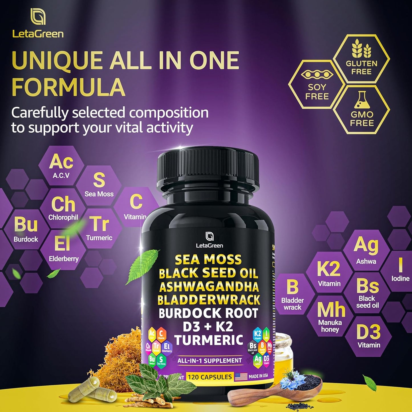 3000mg Sea Moss, 2000mg Black Seed Oil, 1000mg Ashwagandha, Bladderwrack, Burdock, Turmeric, Vitamin C, D3, K2, ACV, Elderberry, Manuka, Dandelion, Yellow Dock, Iodine - 240 Count