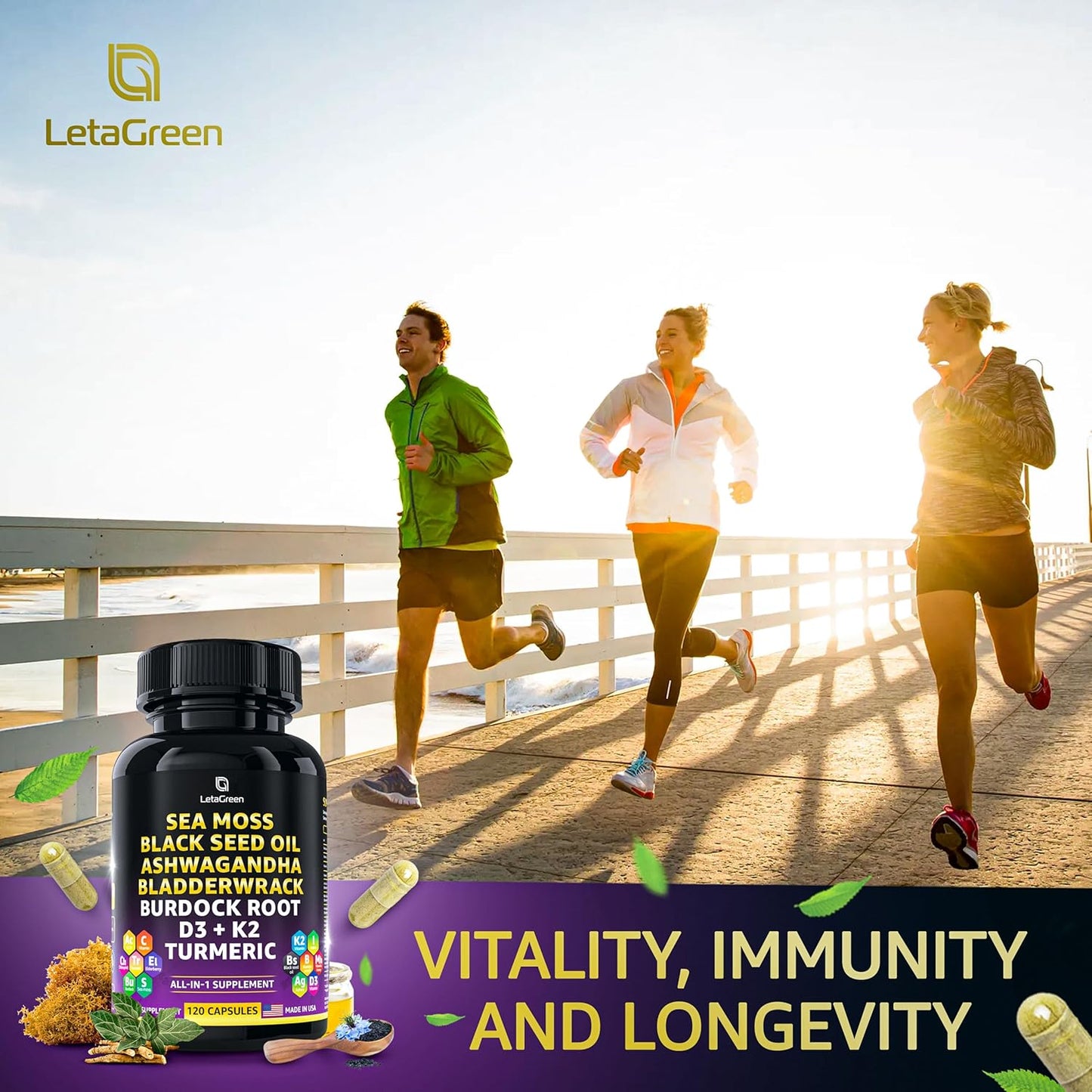 3000mg Sea Moss, 2000mg Black Seed Oil, 1000mg Ashwagandha, Bladderwrack, Burdock, Turmeric, Vitamin C, D3, K2, ACV, Elderberry, Manuka, Dandelion, Yellow Dock, Iodine - 240 Count
