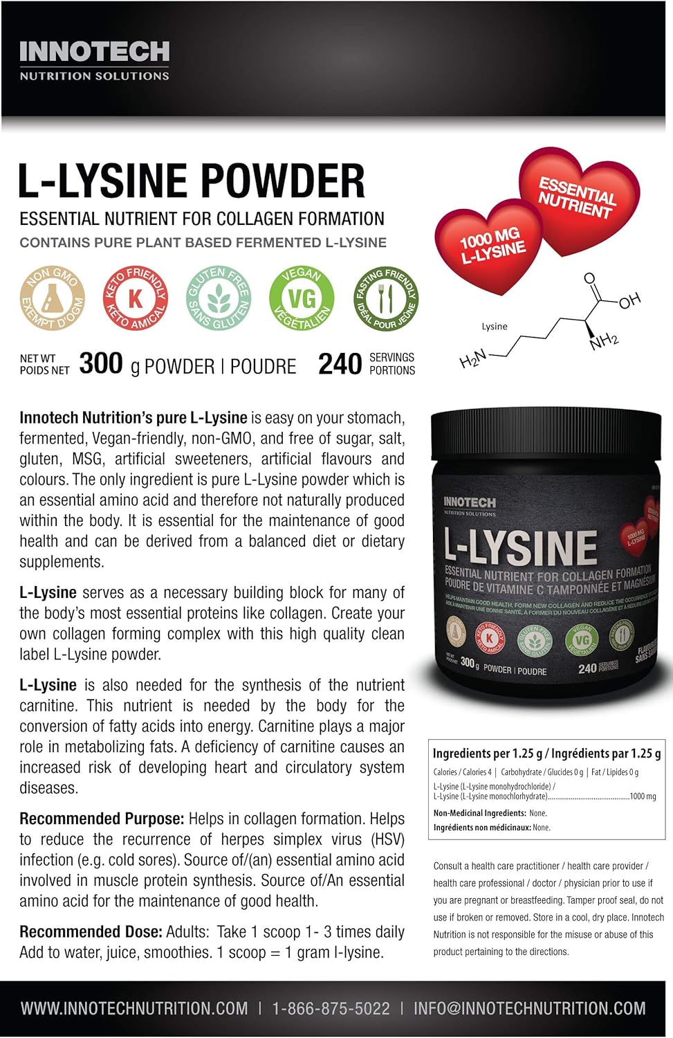 300g Innotech Nutrition L-Lysine Powder - Pure L-Lysine Supplement