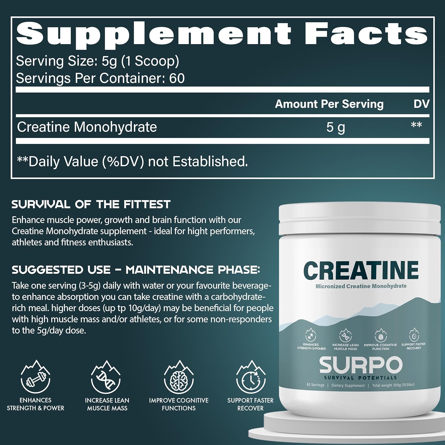 300g Micronized Creatine Monohydrate Powder - 60 Servings, Pure & Unflavored, Gluten Free & Non GMO - Ideal for Muscle Recovery & Growth in Men & Women