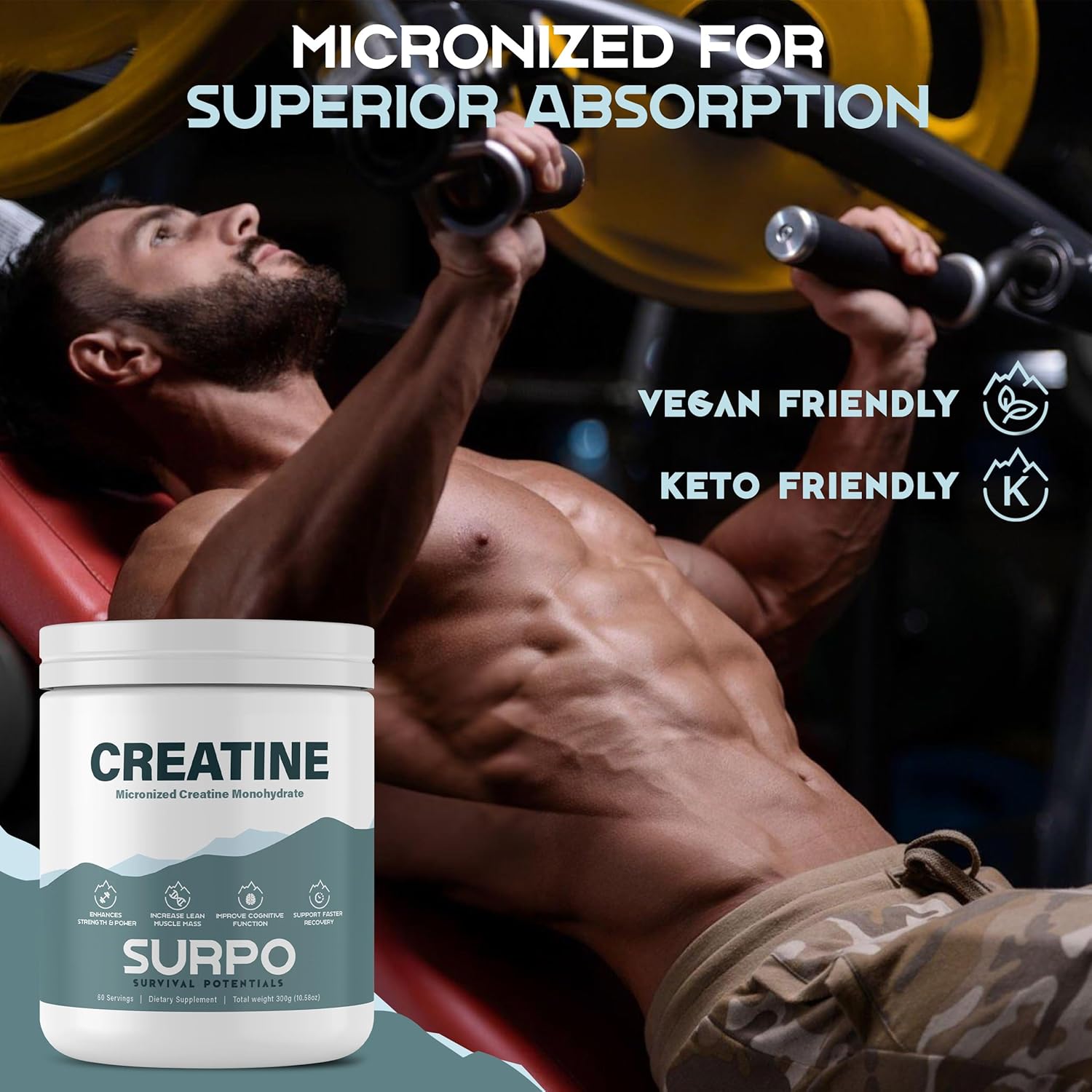 300g Micronized Creatine Monohydrate Powder - 60 Servings, Pure & Unflavored, Gluten Free & Non GMO - Ideal for Muscle Recovery & Growth in Men & Women