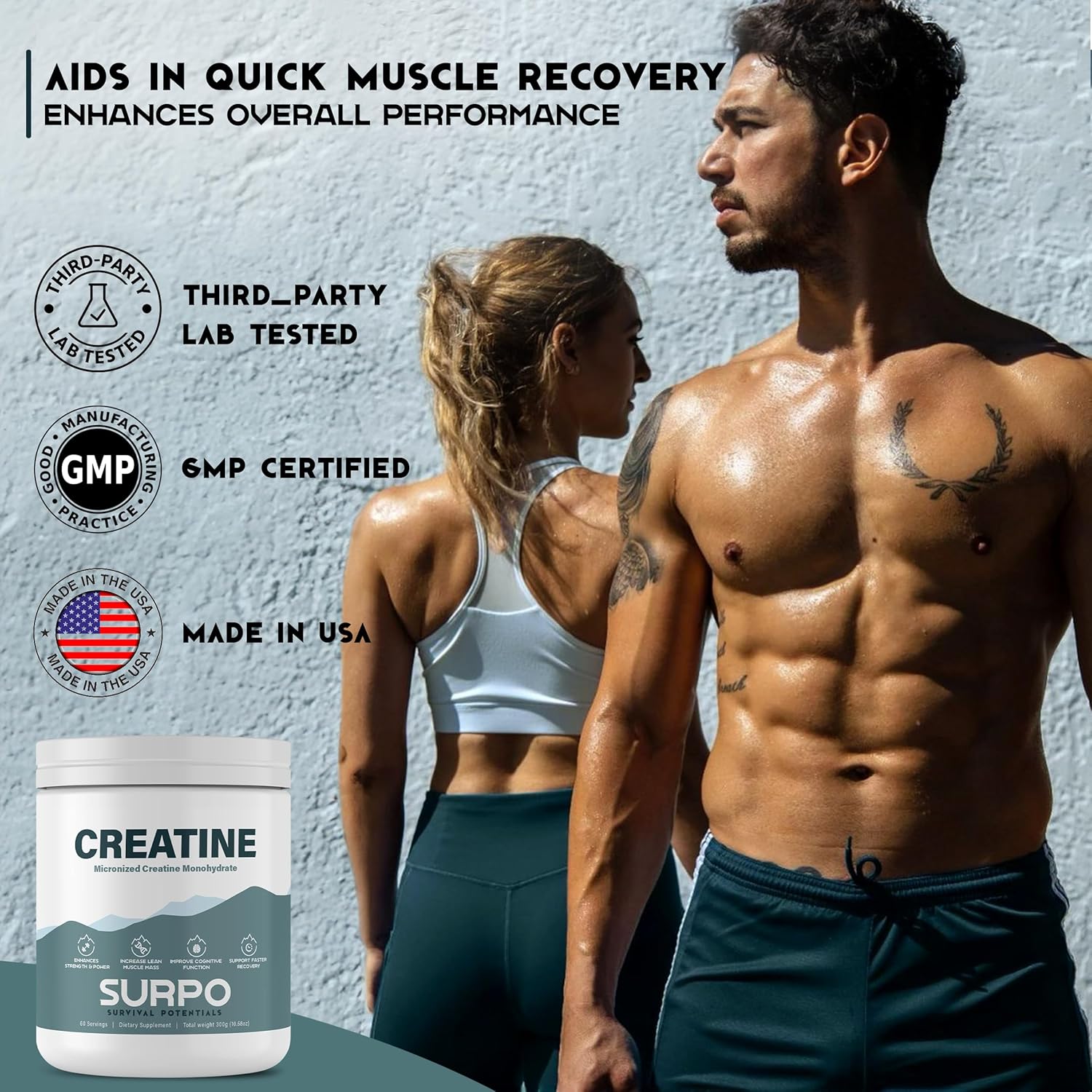 300g Micronized Creatine Monohydrate Powder - 60 Servings, Pure & Unflavored, Gluten Free & Non GMO - Ideal for Muscle Recovery & Growth in Men & Women