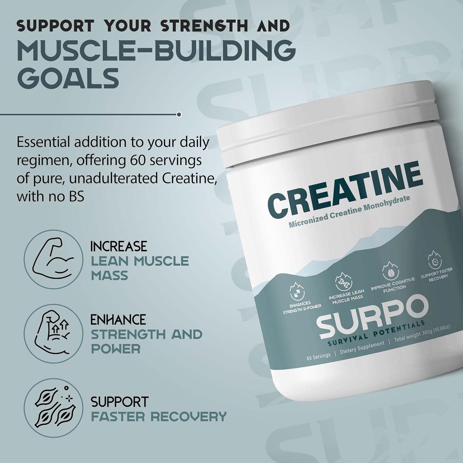 300g Micronized Creatine Monohydrate Powder - 60 Servings, Pure & Unflavored, Gluten Free & Non GMO - Ideal for Muscle Recovery & Growth in Men & Women