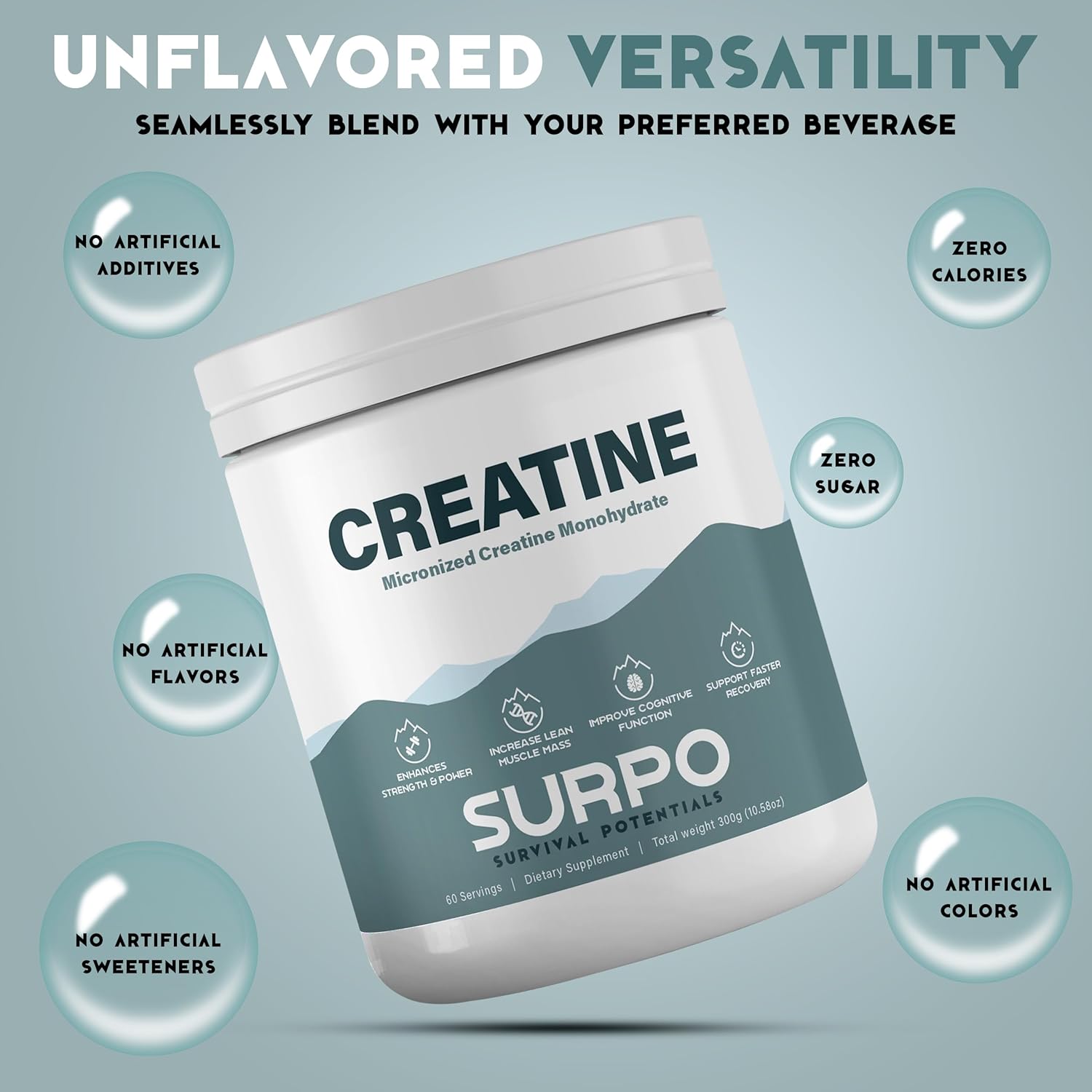 300g Micronized Creatine Monohydrate Powder - 60 Servings, Pure & Unflavored, Gluten Free & Non GMO - Ideal for Muscle Recovery & Growth in Men & Women