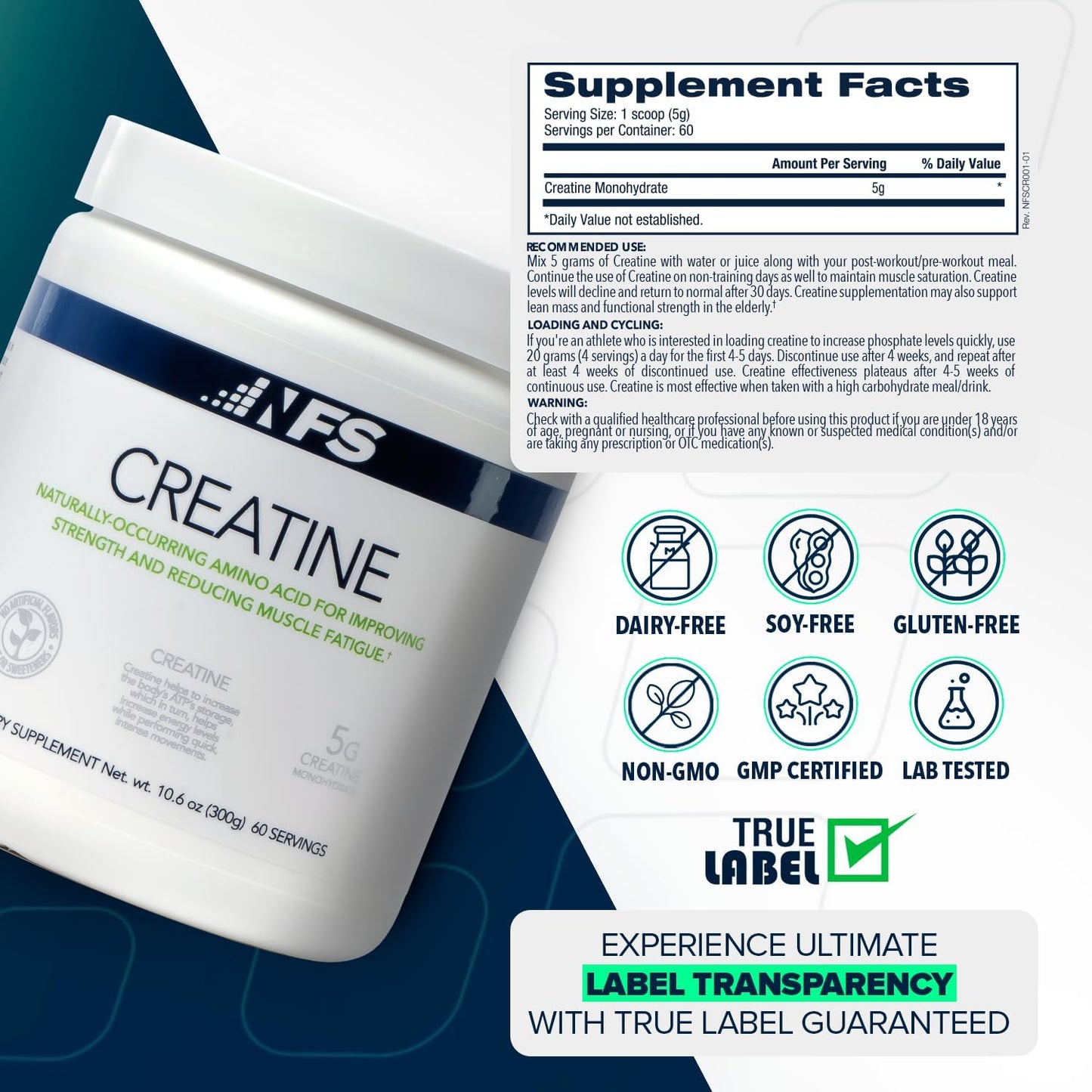 300g NF Sports Creatine Energy Protein Powder for Muscle Recovery & Strength - Unflavored Sports Drink Dietary Supplement, No Artificial Flavors - 60 Servings