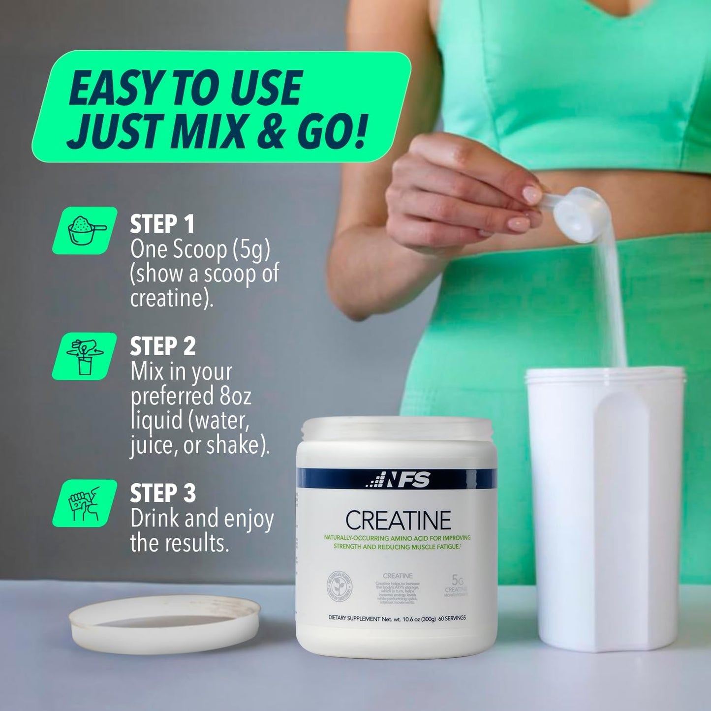 300g NF Sports Creatine Energy Protein Powder for Muscle Recovery & Strength - Unflavored Sports Drink Dietary Supplement, No Artificial Flavors - 60 Servings