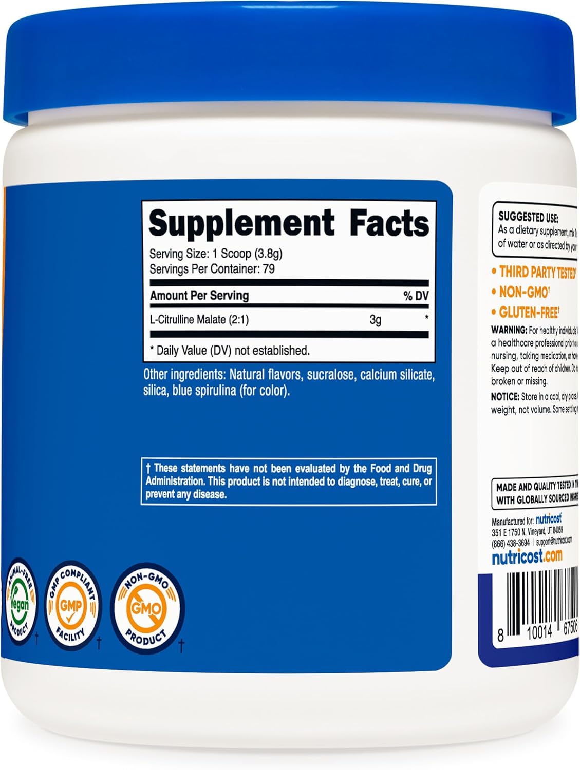 300g Nutricost L-Citrulline Malate 2:1 Powder - Blue Raspberry Flavor