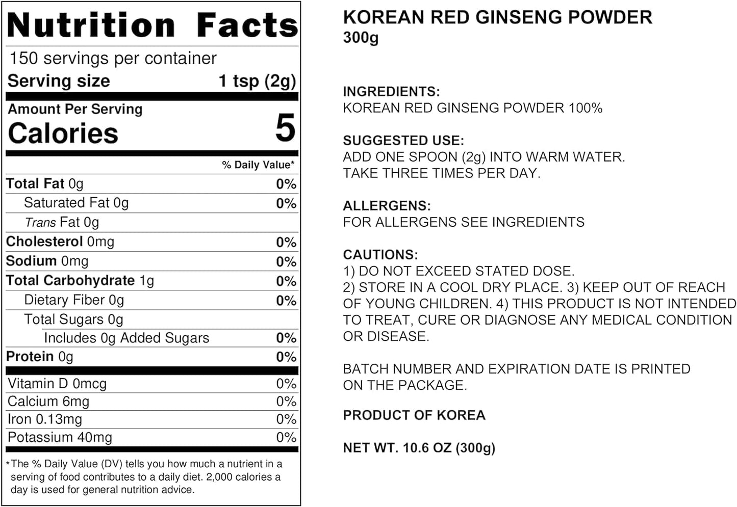 300g Pocheon Korean Red Ginseng Powder Gold 6 Years - 100% Pure, No Additives - High Ginsenoside Panax - Natural Immune Support