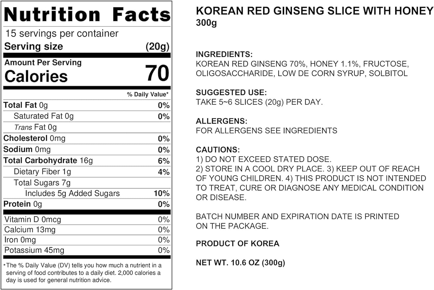 300g Pocheon Korean Red Ginseng Slice with Honey - 6 Year Panax Red Ginseng for Natural Immune Support