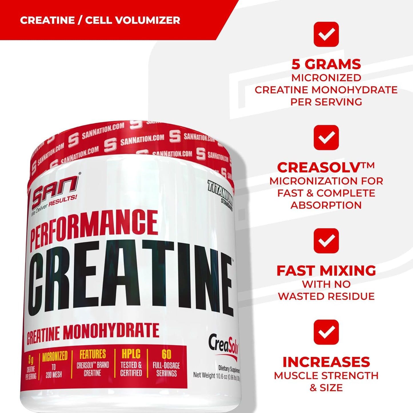 300g SAN Performance Creatine: Enhances Muscle Growth and Athletic Stamina, 60 Servings