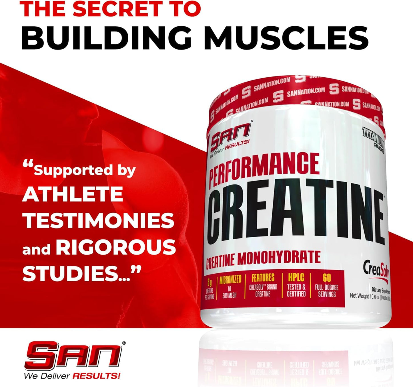 300g SAN Performance Creatine: Enhances Muscle Growth and Athletic Stamina, 60 Servings