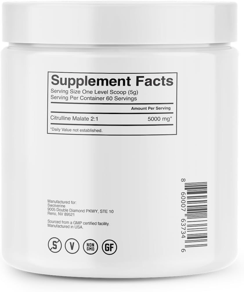 300g Swolverine Citrulline Malate 2:1 Powder - Boost Strength & Endurance - Unflavored - 60 Servings - 5g Per Serving