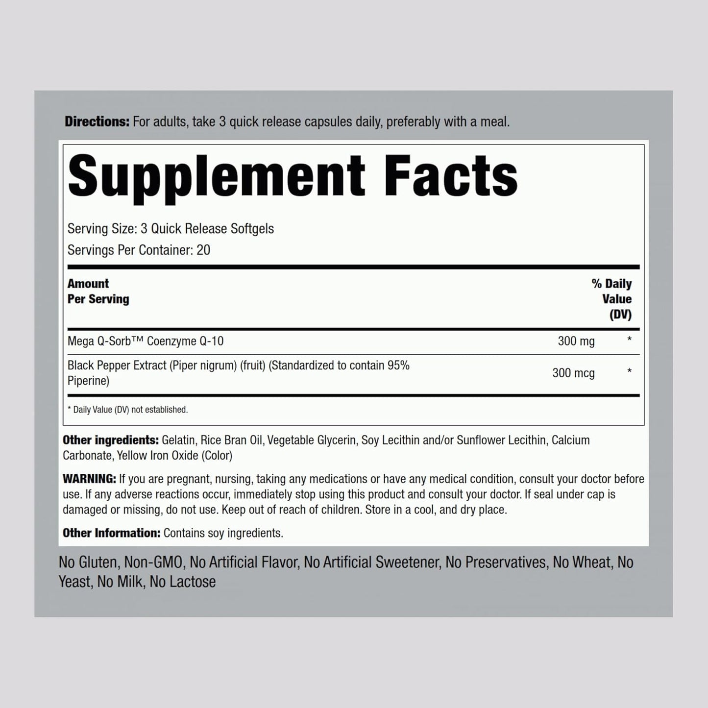 300mg CoQ10 Softgels with Black Pepper for Enhanced Absorption - 60 Pills, Non-GMO, Gluten Free