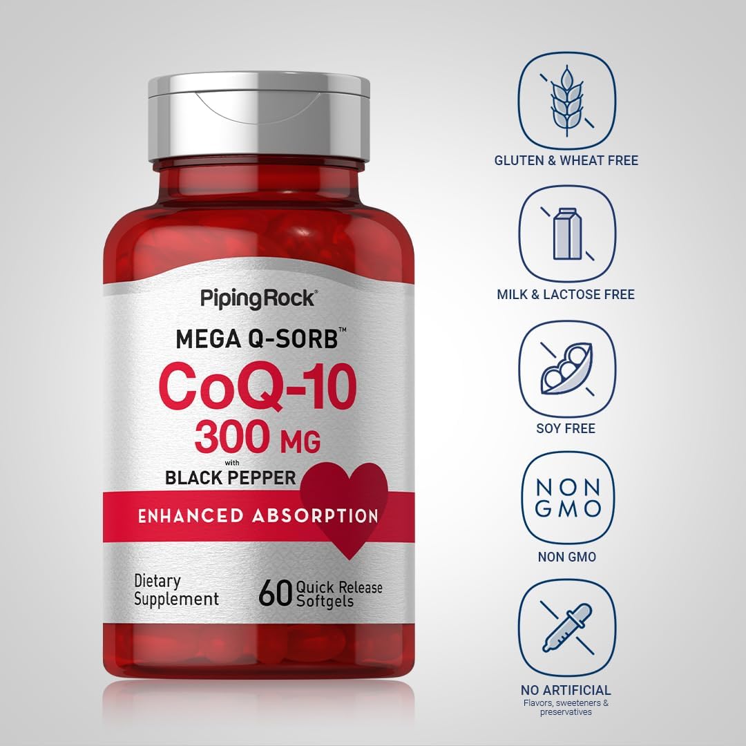300mg CoQ10 Softgels with Black Pepper for Enhanced Absorption - 60 Pills, Non-GMO, Gluten Free