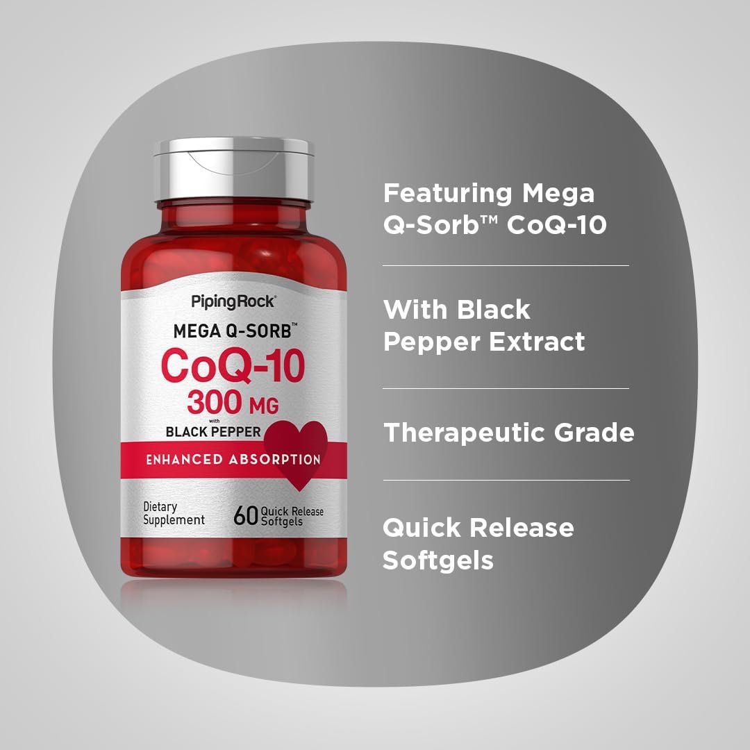 300mg CoQ10 Softgels with Black Pepper for Enhanced Absorption - 60 Pills, Non-GMO, Gluten Free