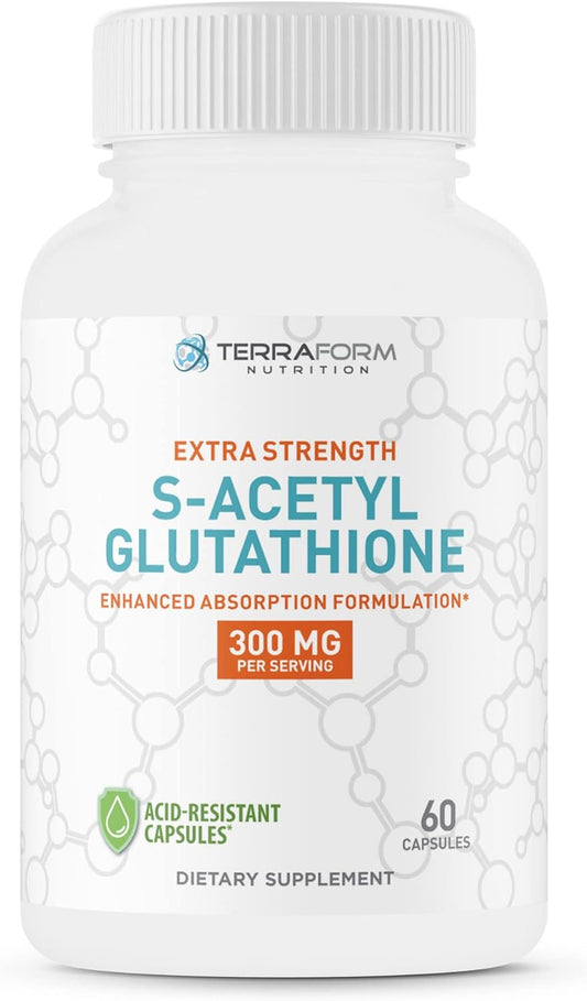 300mg Extra Strength S-Acetyl Glutathione Supplement - 60 Acid-Resistant Capsules - Made in USA - Terraform Nutrition