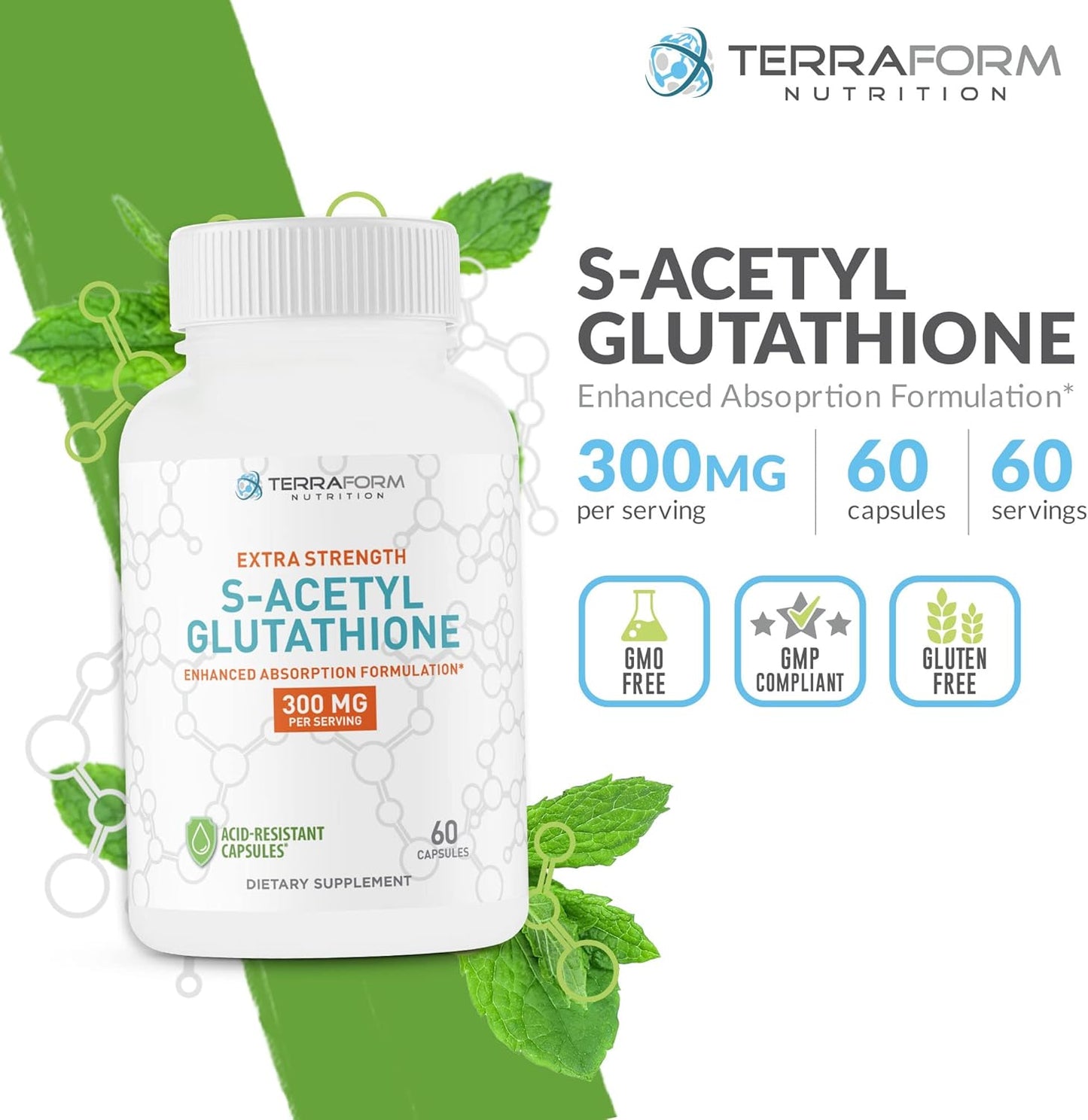 300mg Extra Strength S-Acetyl Glutathione Supplement - 60 Acid-Resistant Capsules - Made in USA - Terraform Nutrition
