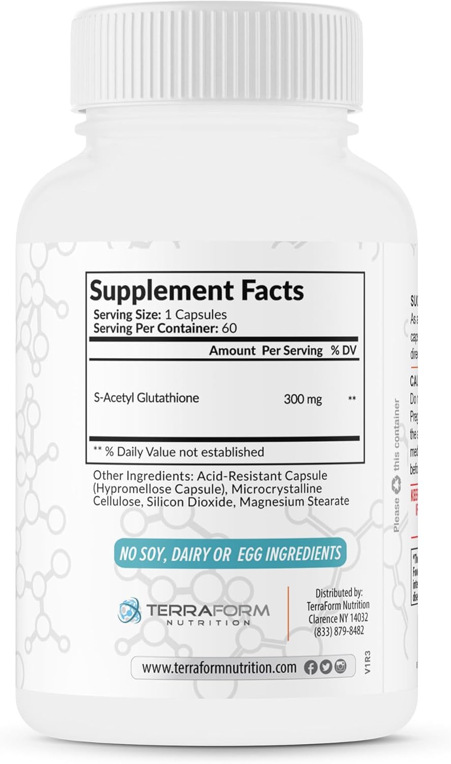 300mg Extra Strength S-Acetyl Glutathione Supplement - 60 Acid-Resistant Capsules - Made in USA - Terraform Nutrition
