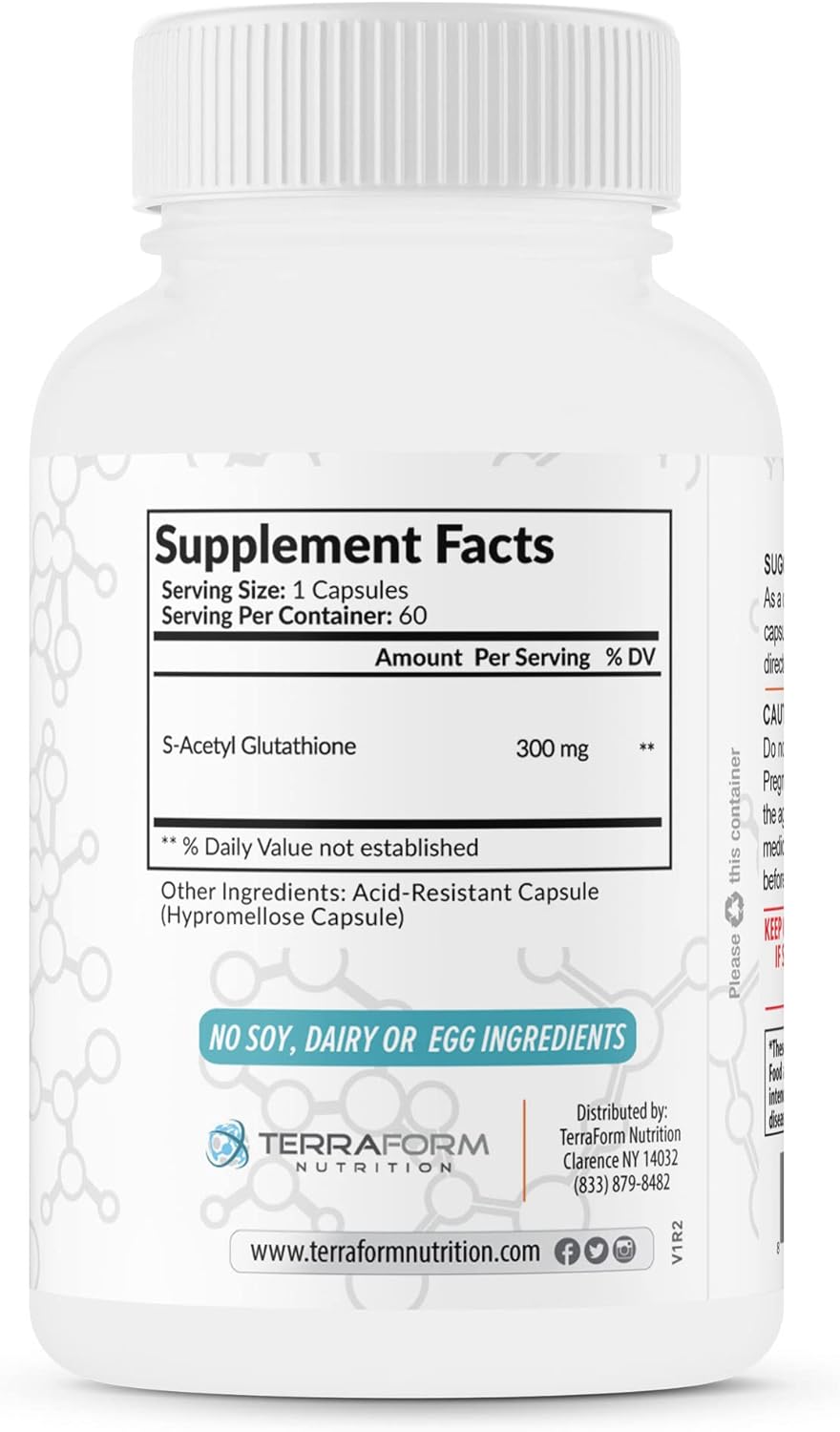 300mg Extra Strength S-Acetyl Glutathione Supplement - 60 Acid-Resistant Capsules - Made in USA - Terraform Nutrition