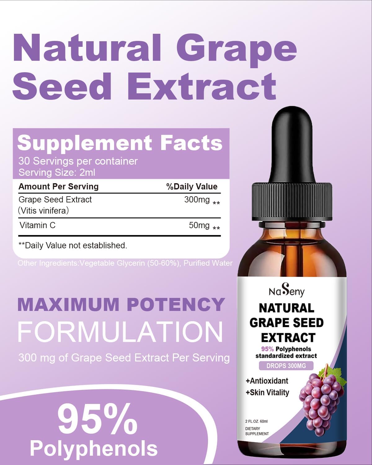 300mg Grape Seed Extract Liquid Supplement - Maximum Strength Tincture, 95% Polyphenols, Non-GMO - 60ml