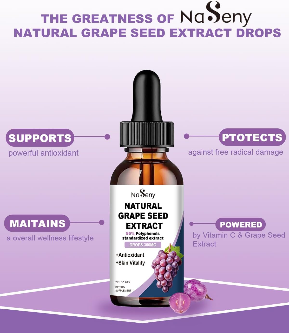 300mg Grape Seed Extract Liquid Supplement - Maximum Strength Tincture, 95% Polyphenols, Non-GMO - 60ml