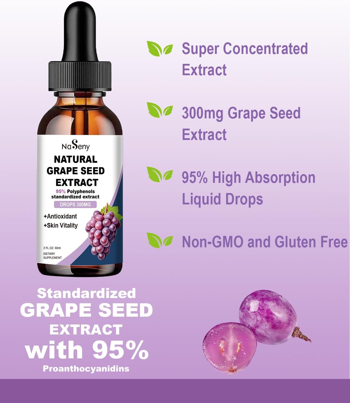 300mg Grape Seed Extract Liquid Supplement - Maximum Strength Tincture, 95% Polyphenols, Non-GMO - 60ml