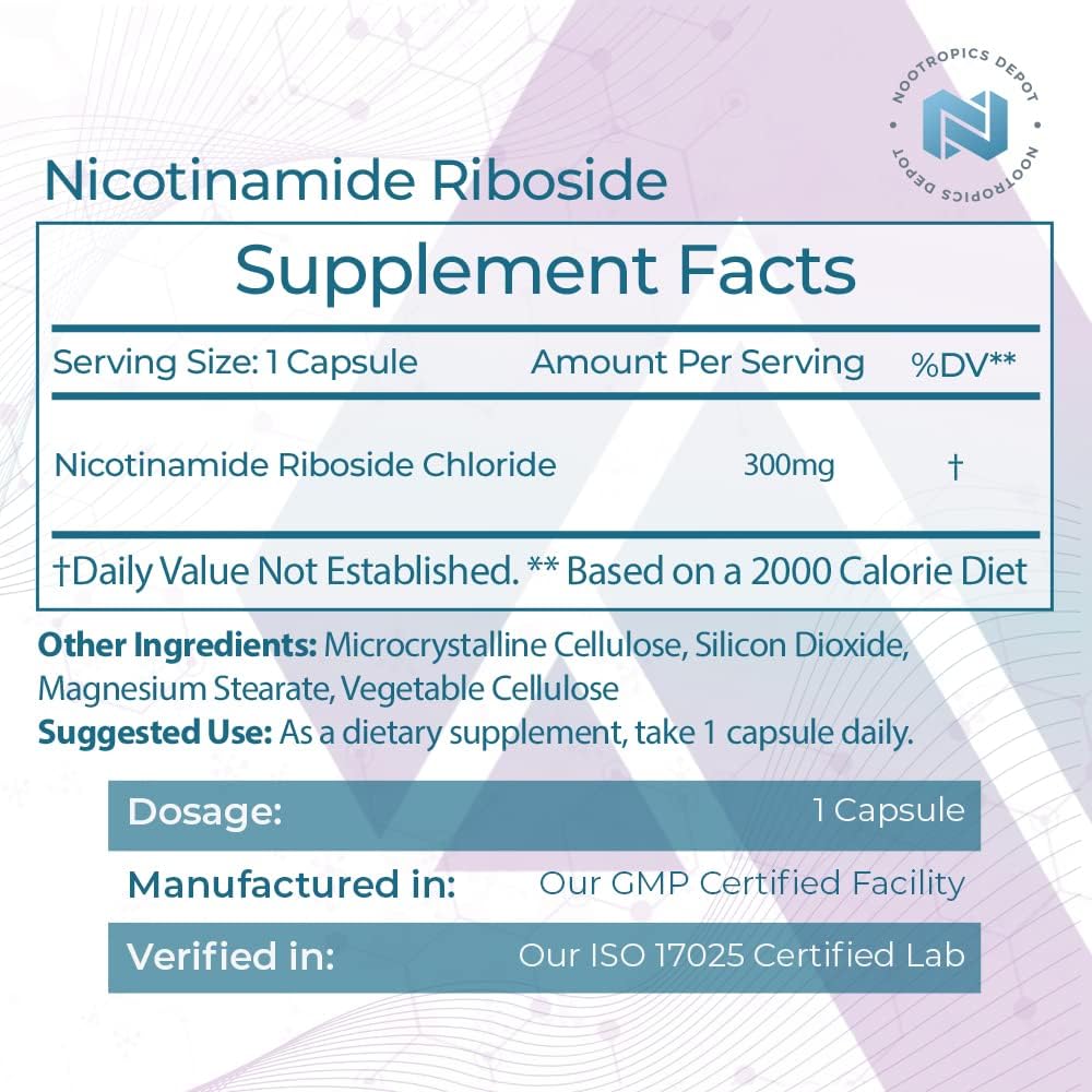 300mg Nicotinamide Riboside Capsules | NAD+ Precursor | Boosts Cellular Energy | 30 Count | Nootropics Depot