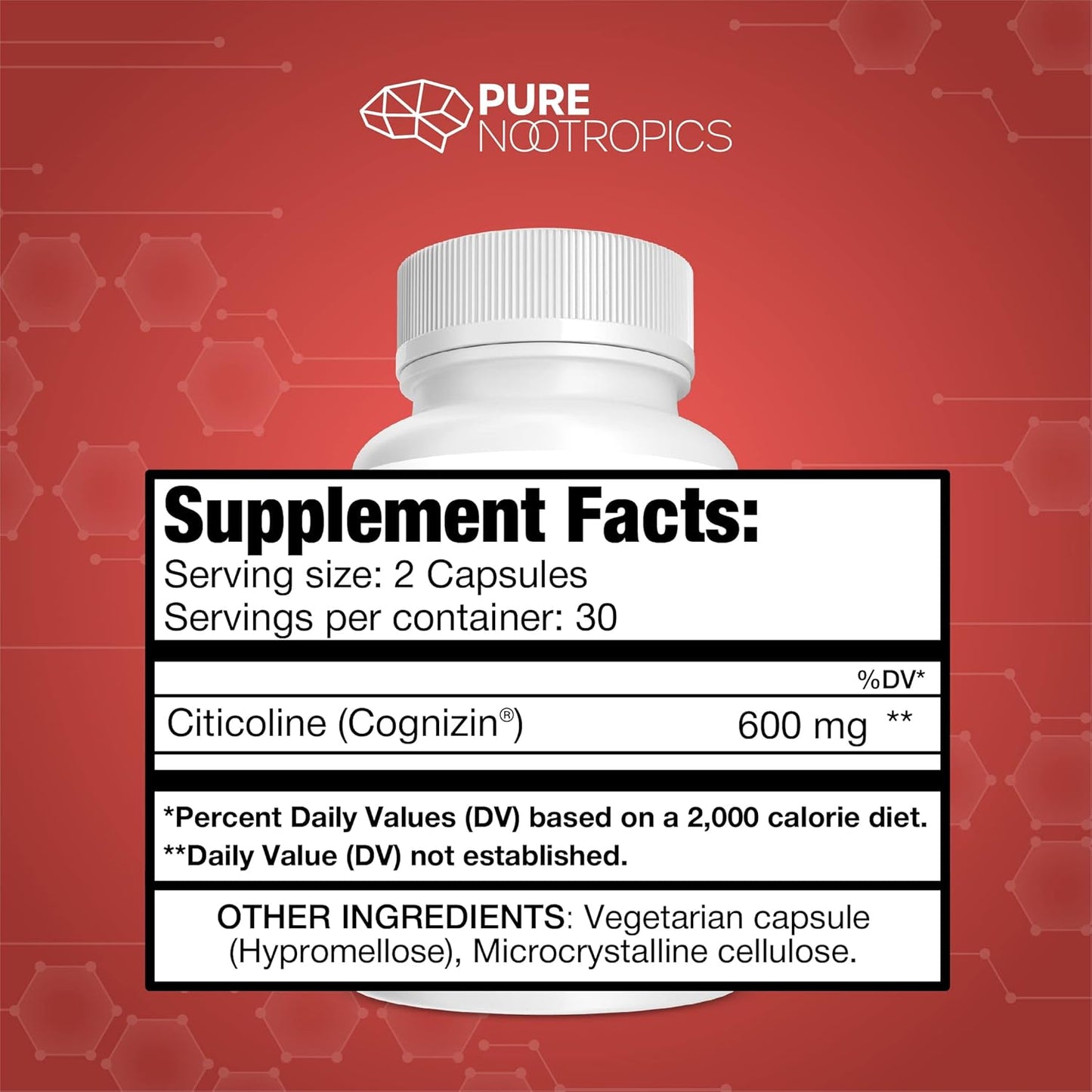 300mg Pure Nootropics CDP Choline Capsules - 60 Veg Caps, Cognitive Support, Memory, Attention, Brain Health, Bioavailable Citicoline