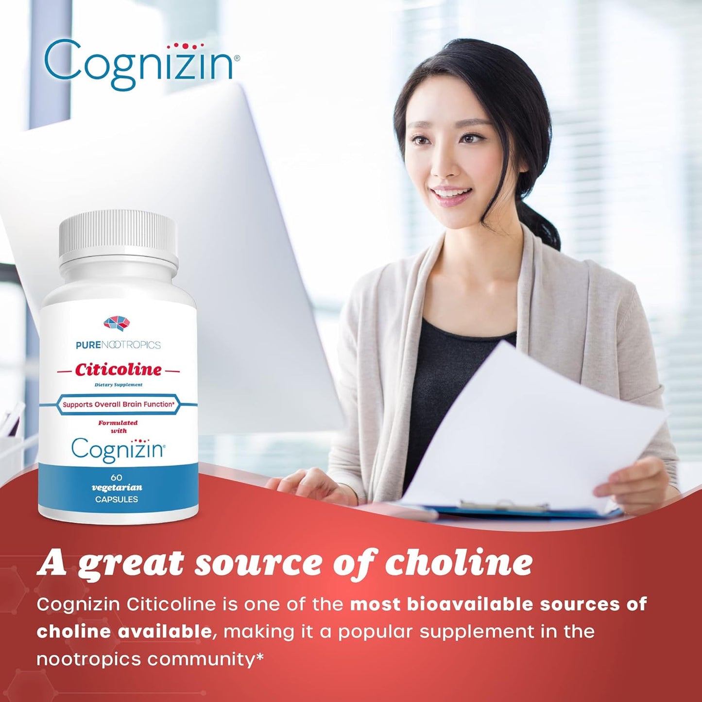 300mg Pure Nootropics CDP Choline Capsules - 60 Veg Caps, Cognitive Support, Memory, Attention, Brain Health, Bioavailable Citicoline