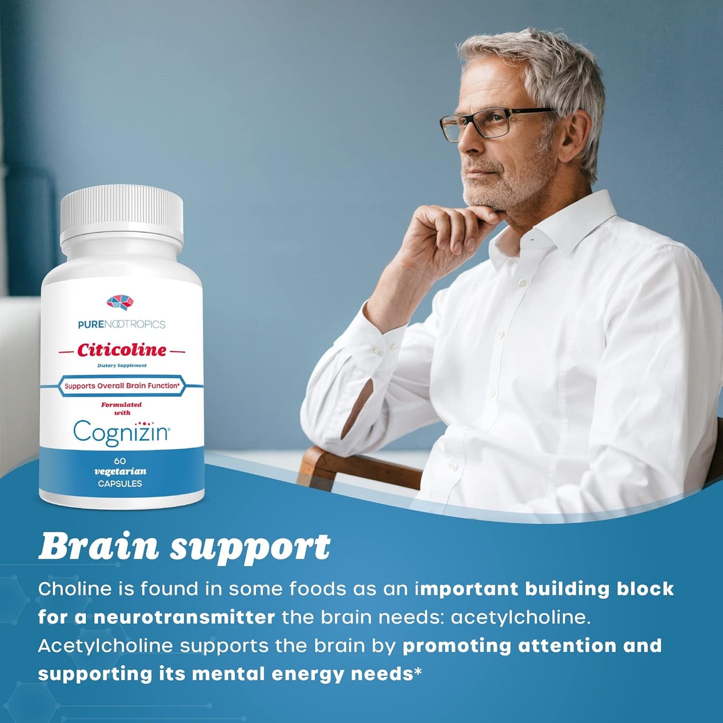 300mg Pure Nootropics CDP Choline Capsules - 60 Veg Caps, Cognitive Support, Memory, Attention, Brain Health, Bioavailable Citicoline