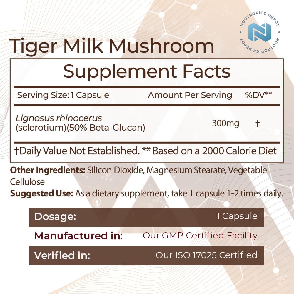 300mg Tiger Milk Mushroom Capsules | 60 Count | Lignosus rhinocerus Sclerotium | Cognitive, Histamine, & Respiratory Support