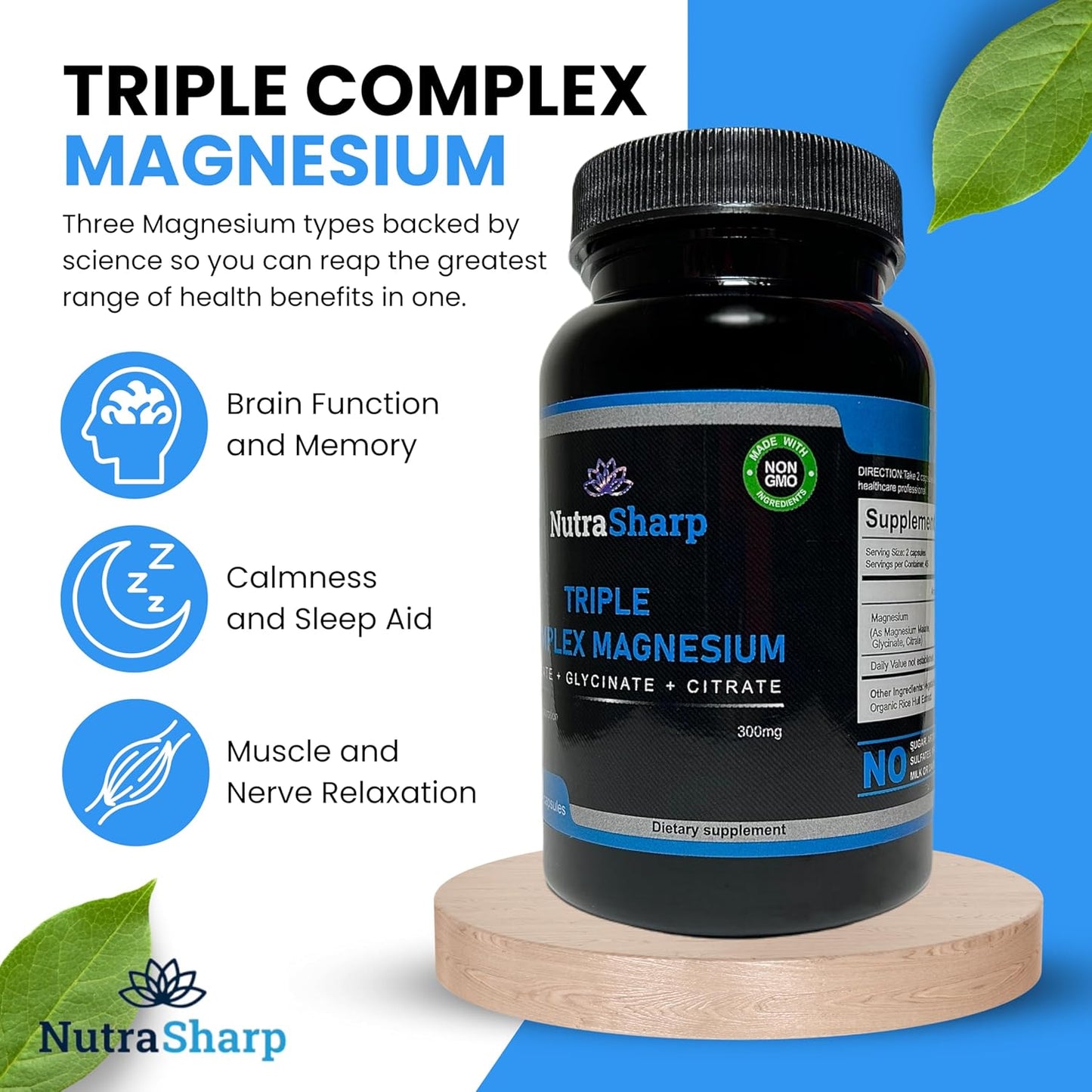 300mg Triple Magnesium Complex Capsules with Malate, Glycinate, and Citrate - 90 Count