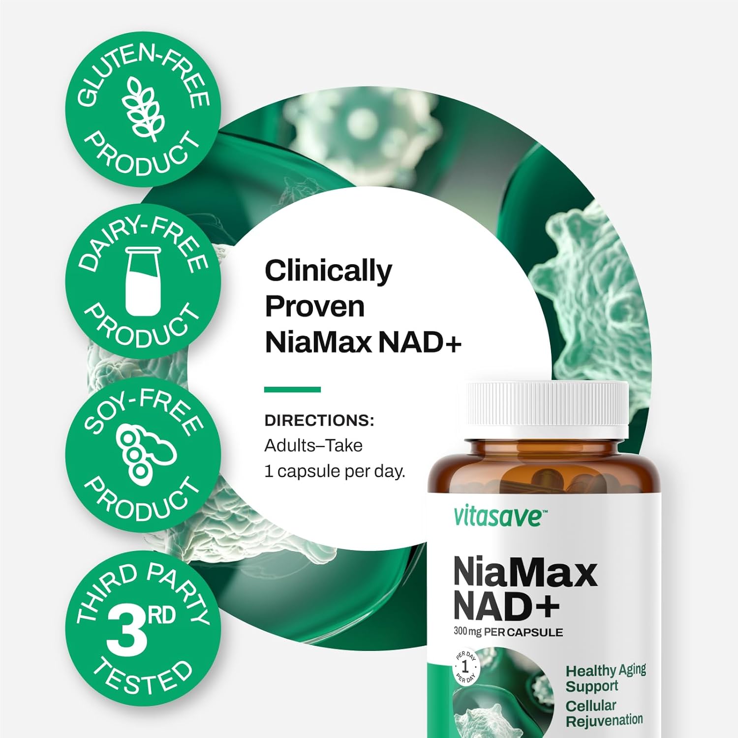 300mg Vitasave NiaMax NAD+ Supplement - Boost Cellular Energy & Cognitive Health - Non-GMO, Vegan, Gluten-Free Formula
