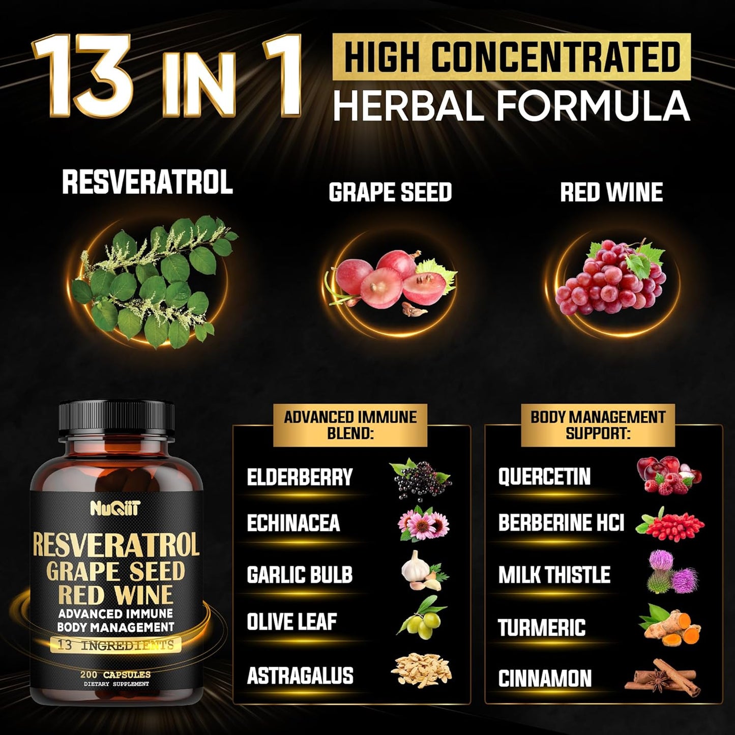 30:1 Trans Resveratrol Supplement 1000mg with Red Wine Extract - Immune & Body Management Complex - 200 Capsules