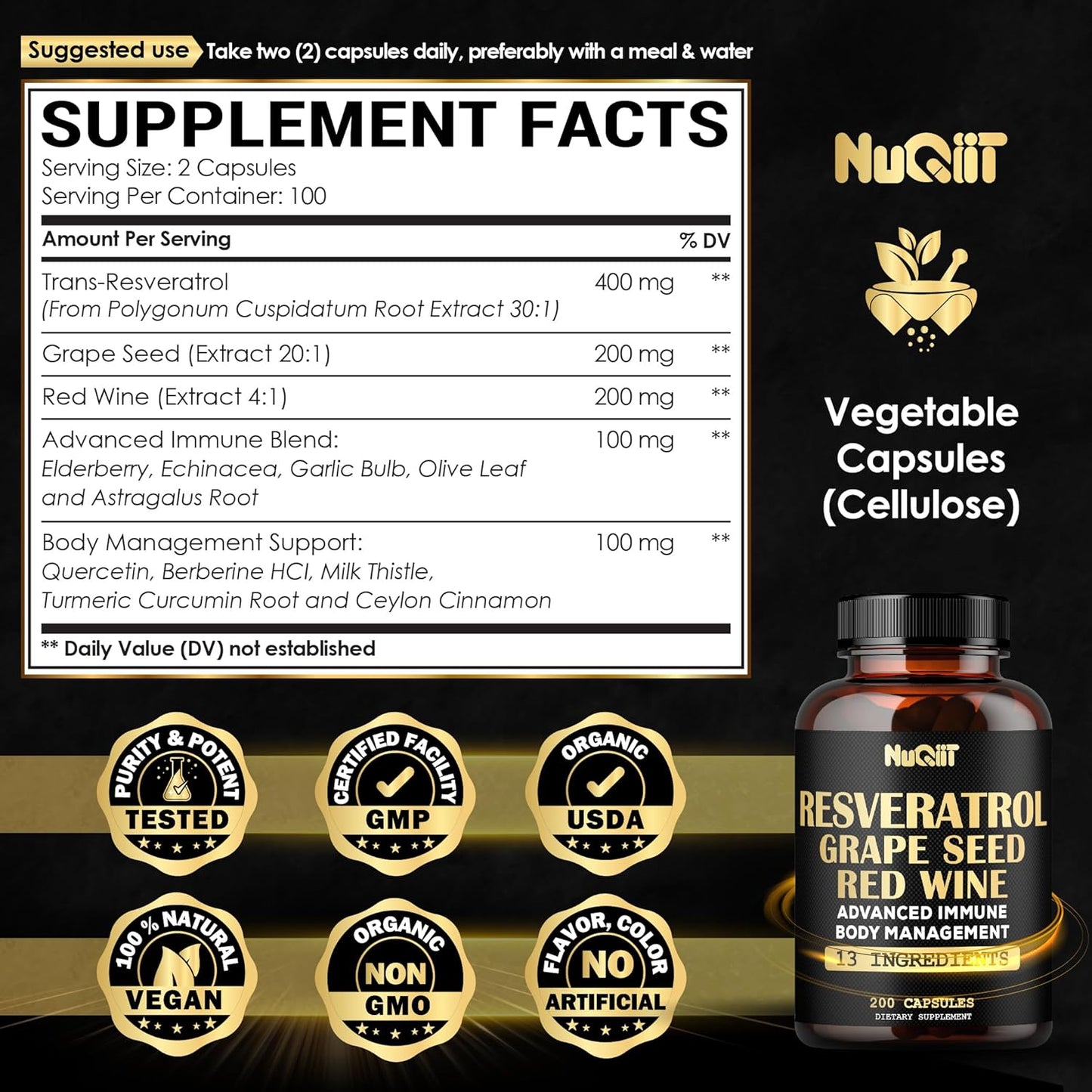 30:1 Trans Resveratrol Supplement 1000mg with Red Wine Extract - Immune & Body Management Complex - 200 Capsules