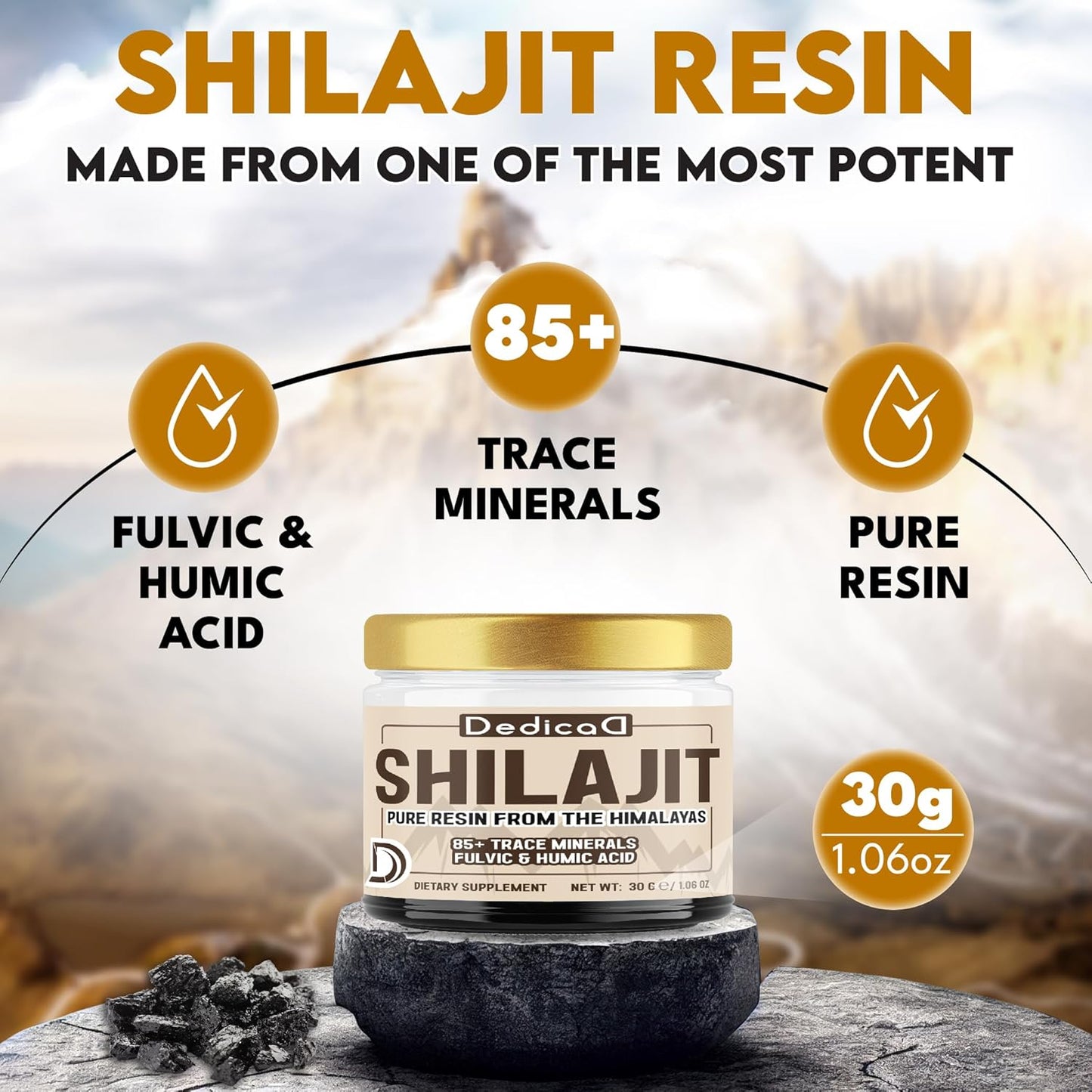 30g DEDICAD Shilajit Pure Himalayan Organic Resin - Natural Supplement with Fulvic & Humic Acid - 60 Servings for Body Balance, Heart, Immune Health
