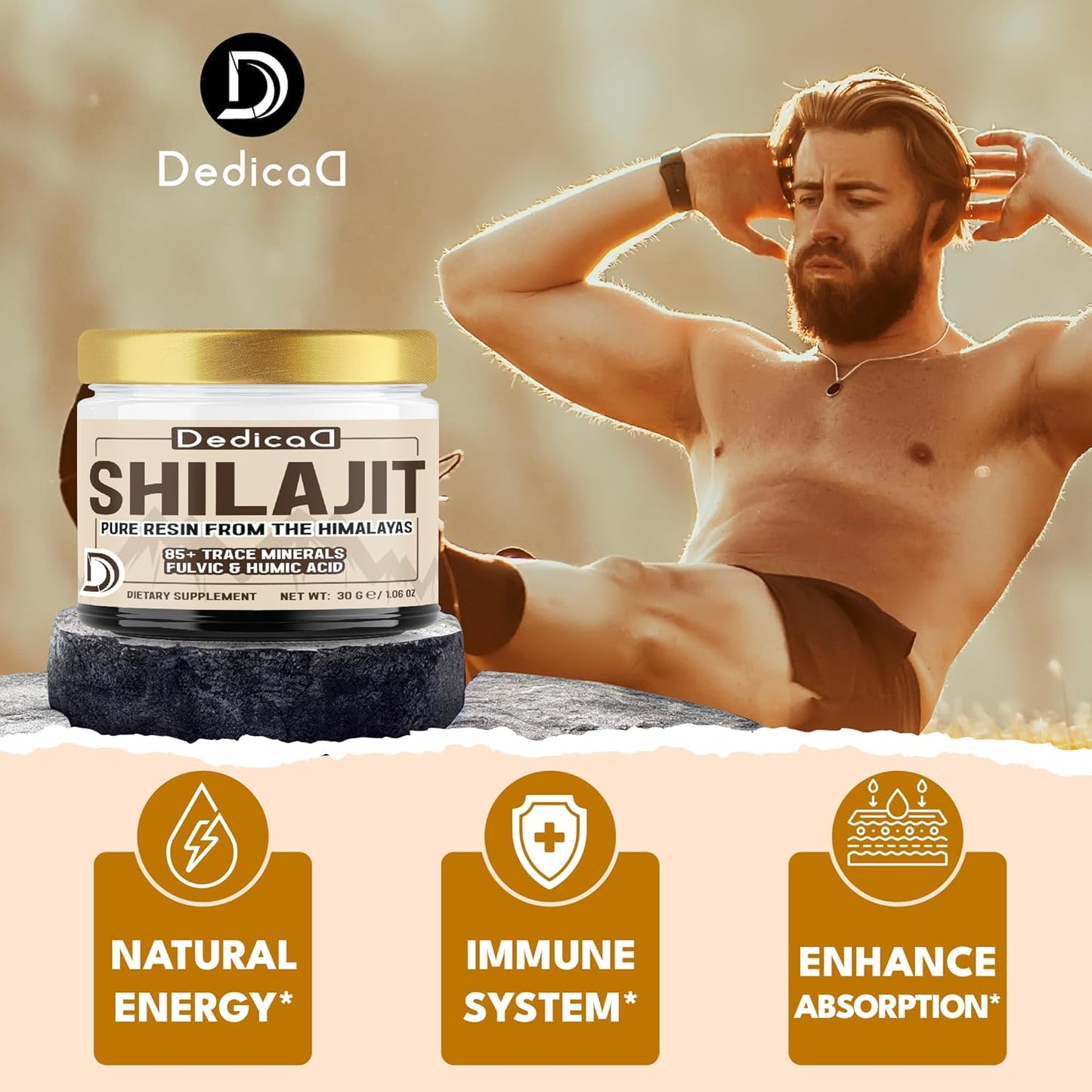 30g DEDICAD Shilajit Pure Himalayan Organic Resin - Natural Supplement with Fulvic & Humic Acid - 60 Servings for Body Balance, Heart, Immune Health