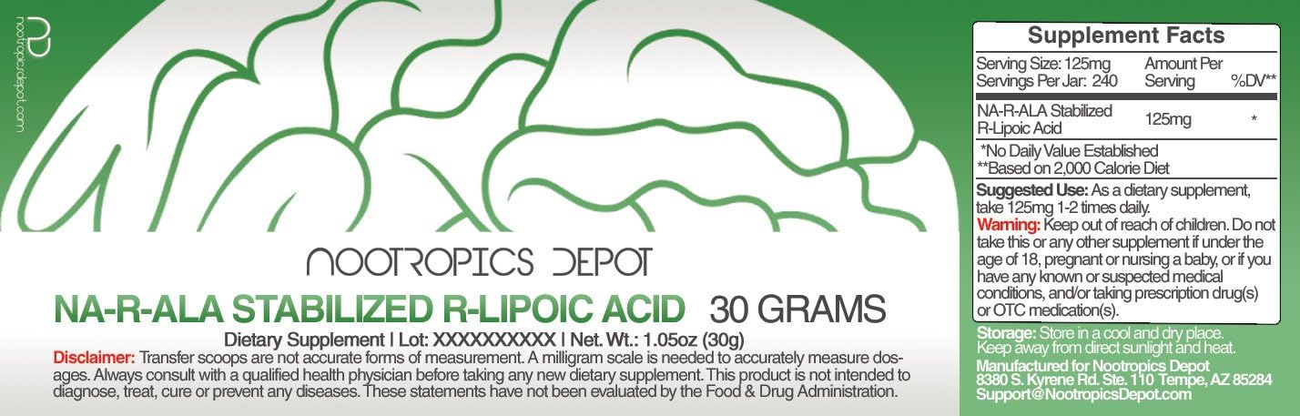 30g Nootropics Depot NA-R-ALA Powder | Supports Mitochondrial Activity | Healthy Metabolism Boost