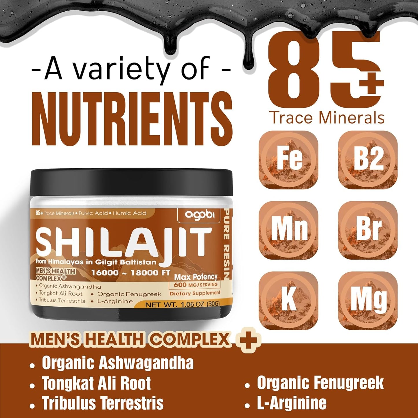 30g Organic Himalayan Shilajit Resin Supplement - Rich in 85+ Trace Minerals, Fulvic Acid, Ashwagandha, Tongkat Ali & Herbs for Immune, Energy, and Brain Health Support