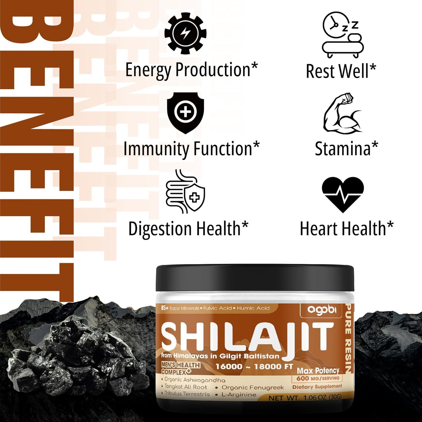 30g Organic Himalayan Shilajit Resin Supplement - Rich in 85+ Trace Minerals, Fulvic Acid, Ashwagandha, Tongkat Ali & Herbs for Immune, Energy, and Brain Health Support