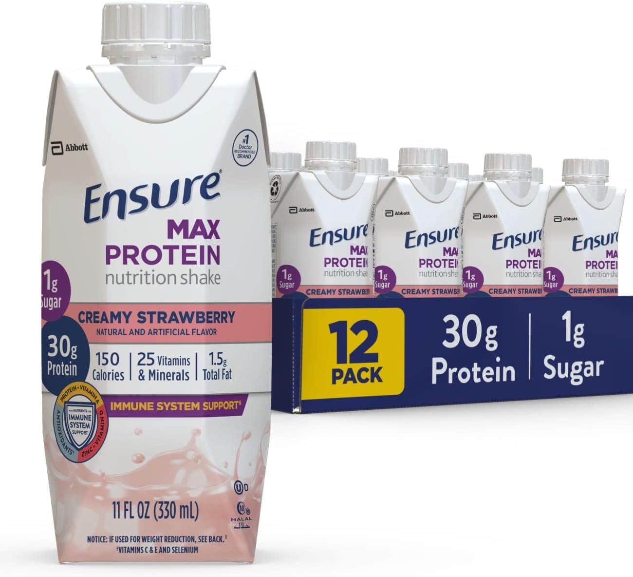 30g Protein Shake Variety Pack - Creamy Strawberry Flavor, 1g Sugar, High Protein Liquid Nutritional Shakes, 11 fl oz, Pack of 12