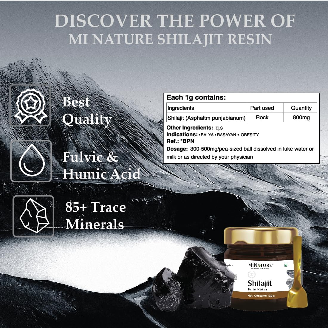 30g Pure Shilajit Resin with Spoon | Naturally Sourced | Over 80 Minerals and Amino Acids | Fulvic Acid Source