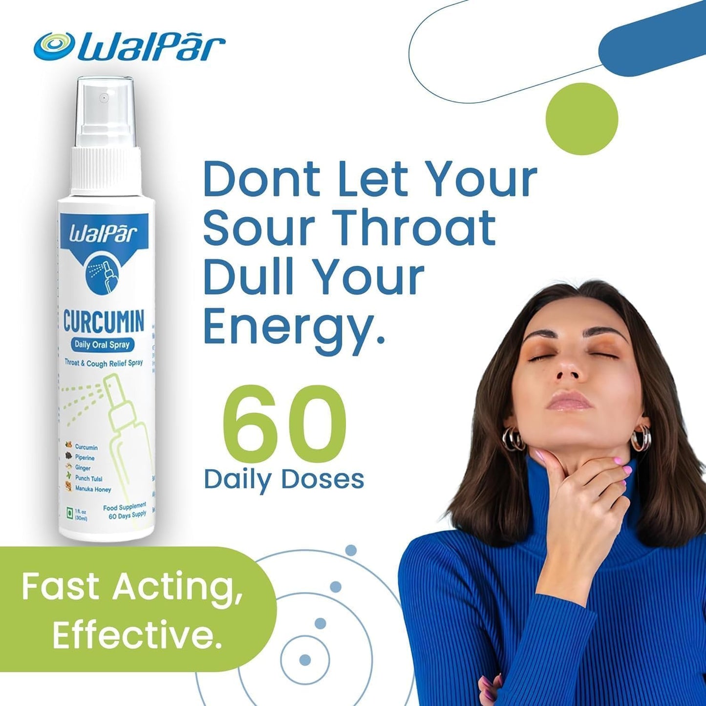 30ml WALPAR Curcumin Oral Spray with Piperine, Ginger Extract, Punch Tulsi, and Manuka Honey - 60 Day Supply