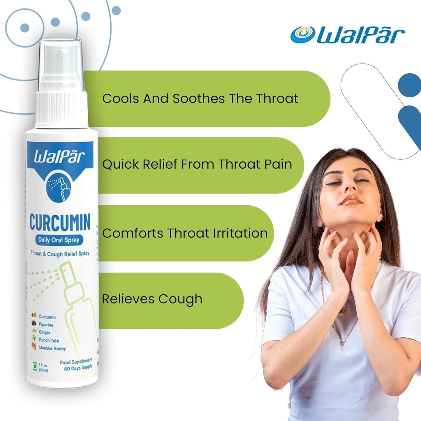 30ml WALPAR Curcumin Oral Spray with Piperine, Ginger Extract, Punch Tulsi, and Manuka Honey - 60 Day Supply