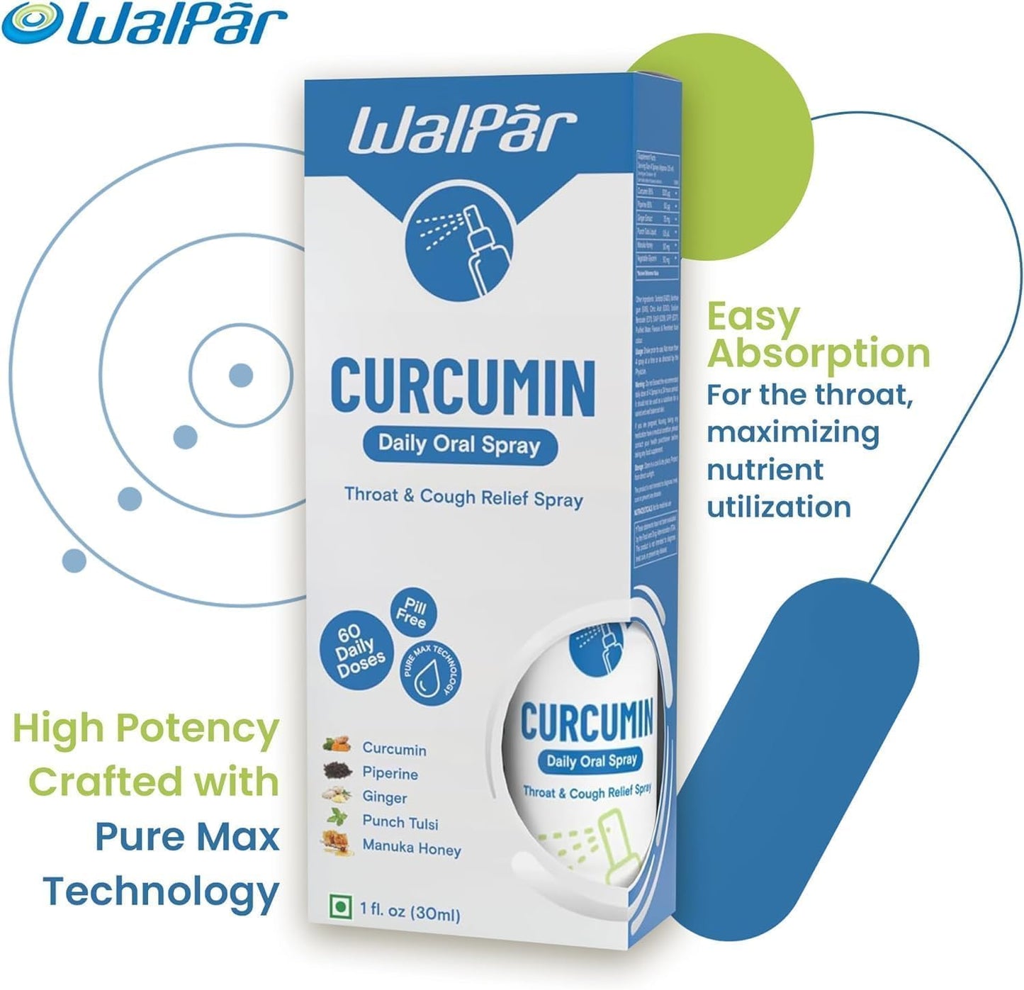 30ml WALPAR Curcumin Oral Spray with Piperine, Ginger Extract, Punch Tulsi, and Manuka Honey - 60 Day Supply