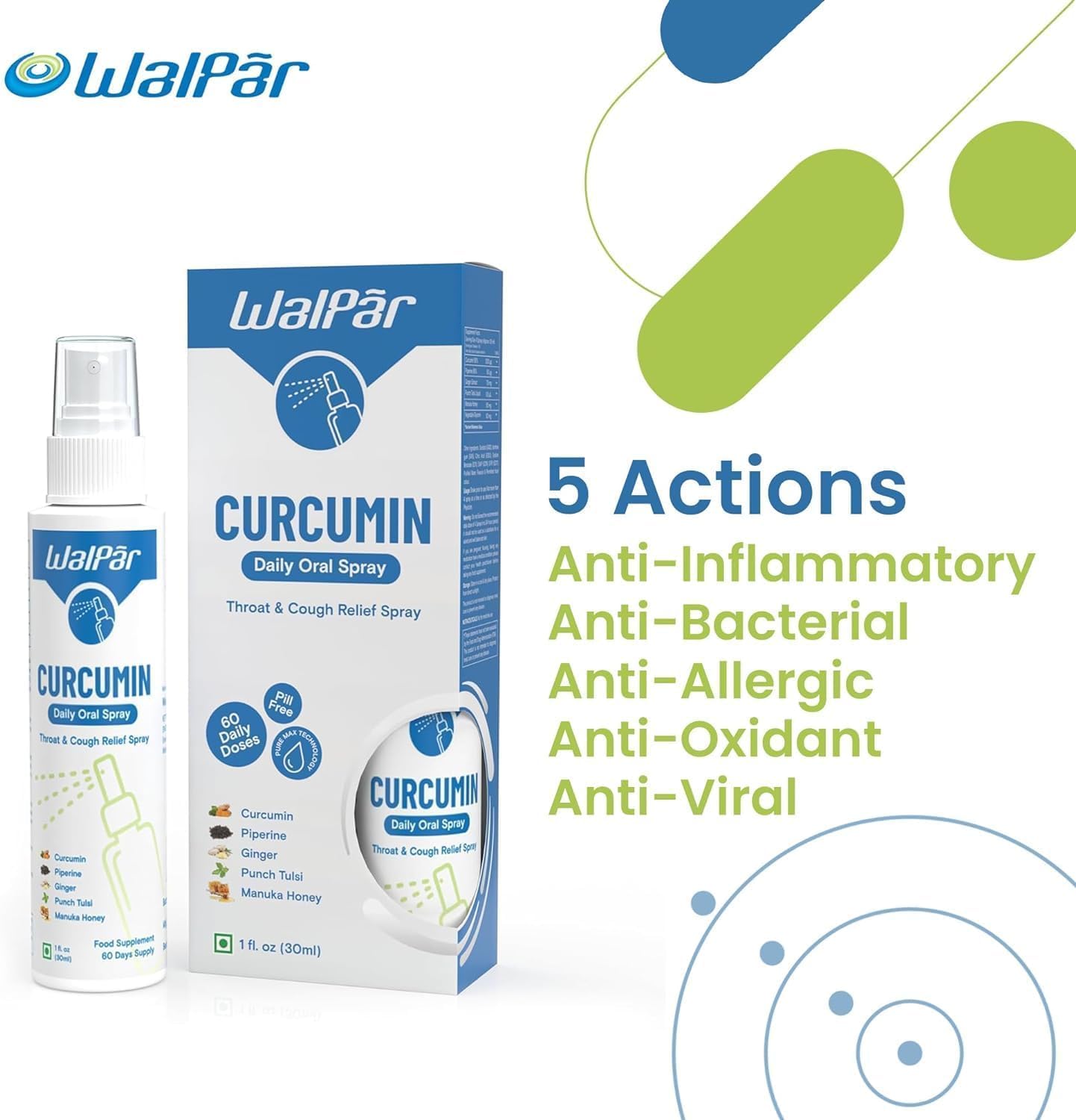 30ml WALPAR Curcumin Oral Spray with Piperine, Ginger Extract, Punch Tulsi, and Manuka Honey - 60 Day Supply